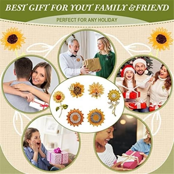 6 Pcs Sunflower Rhinestones Crystal Brooches Gold Pins for Hats - Picture 6 of 7